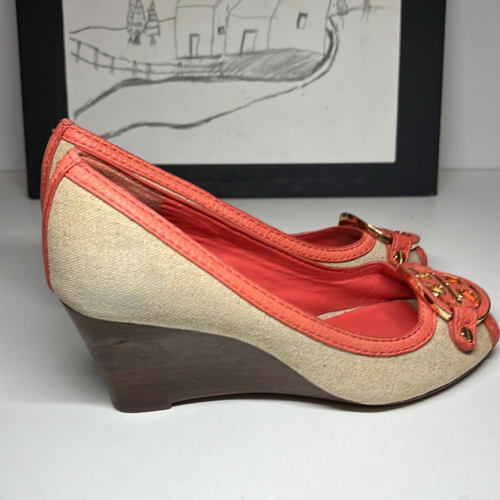 Tory Burch Amanda Off White/Pink Leather And Canvas PepToes Wedges Woman’s 6.5M - Picture 5 of 16